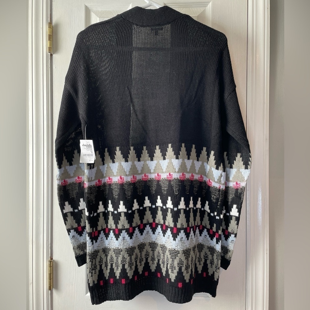 New Charlotte Russe M Black Open Cardigan Geometric Midi Sweater Librariancore‎ - Picture 7 of 15